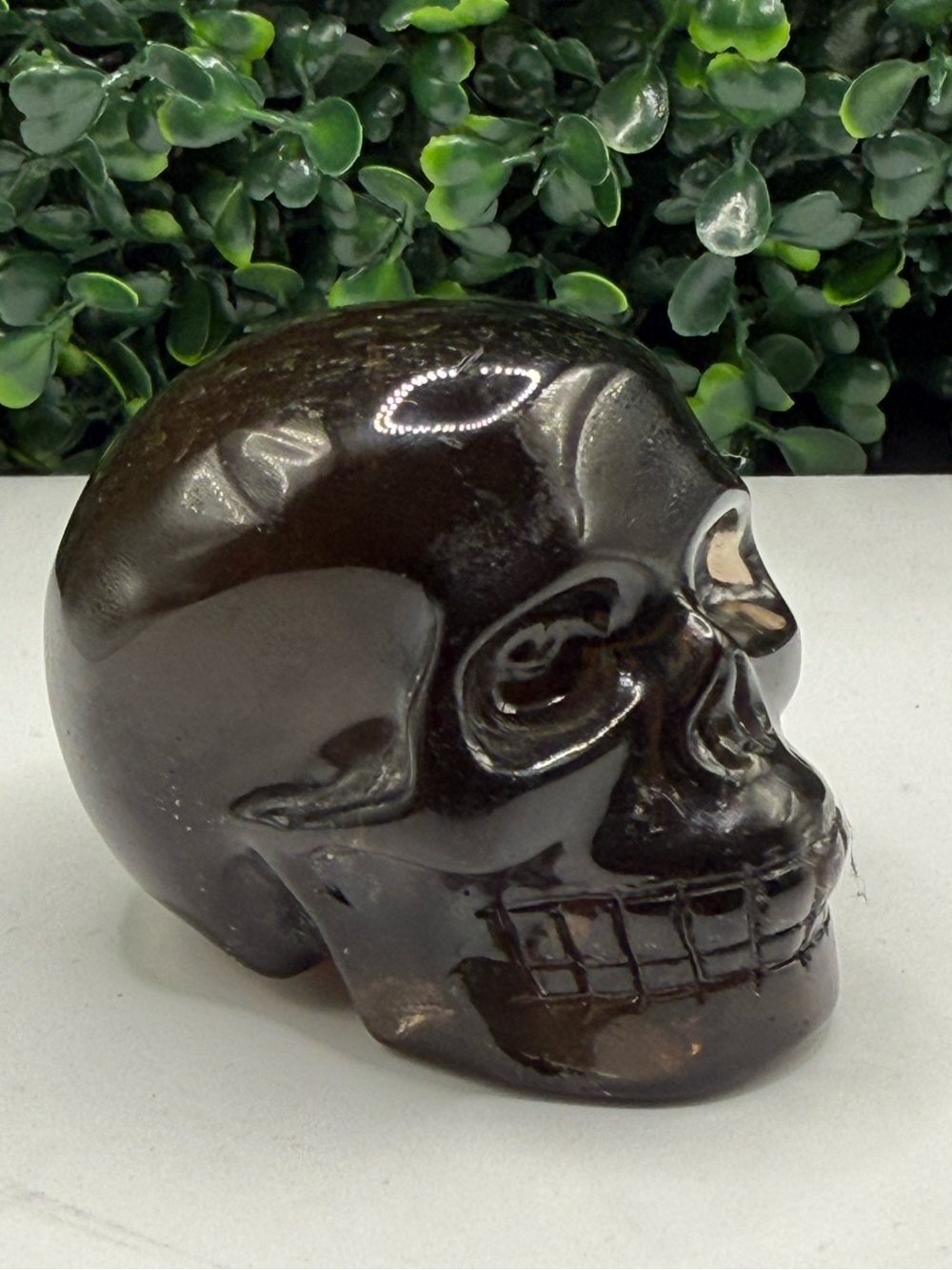 Moody Dark Smoky Quartz Skull Carving